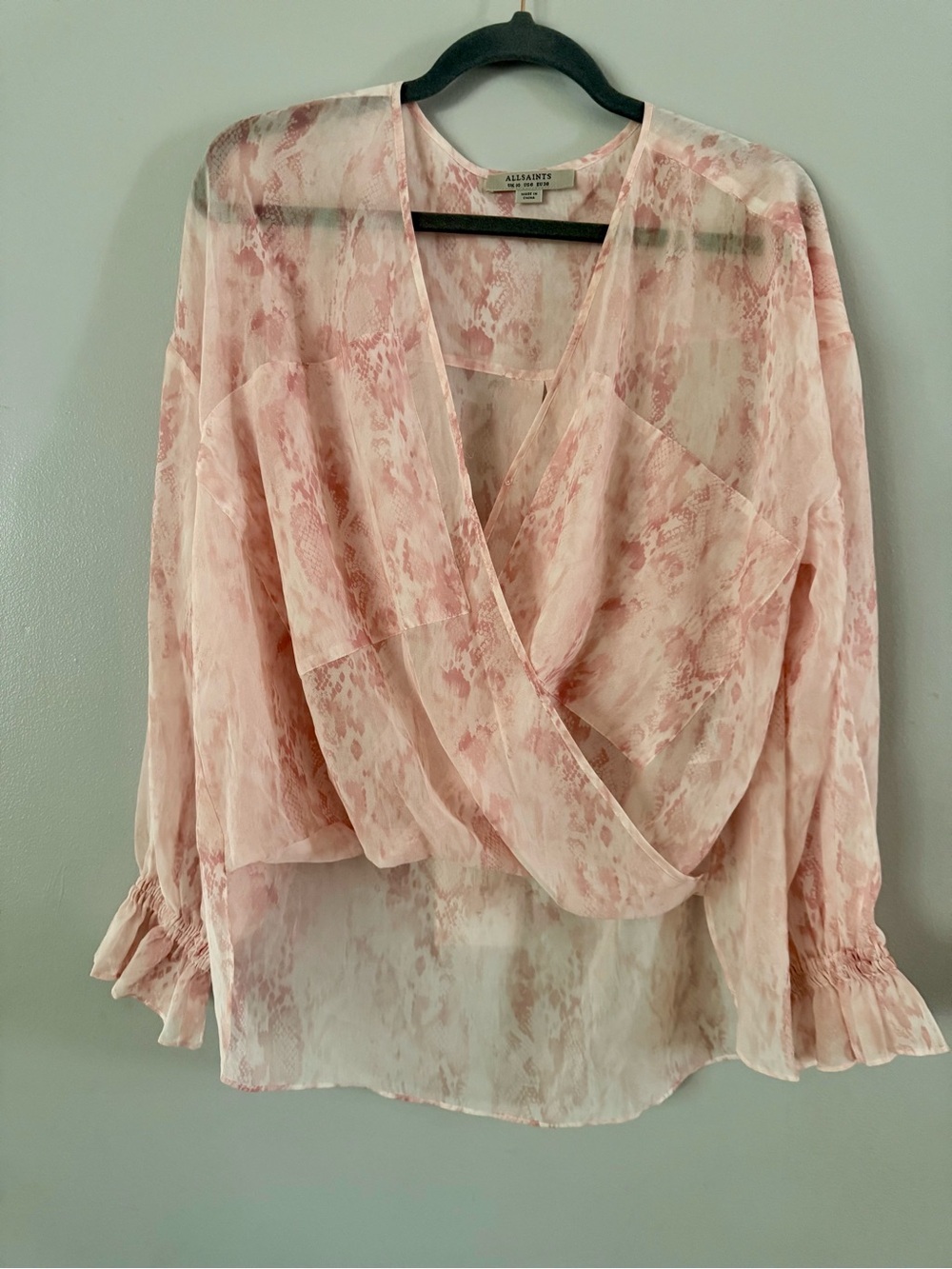 AllSaints Penny Masala Sheer Wrap Top Blouse Pink Cream Size 6